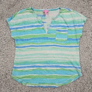Lilly Pulitzer Women Linen Split Neck Top Size XS Striped Coastal Preppy‎